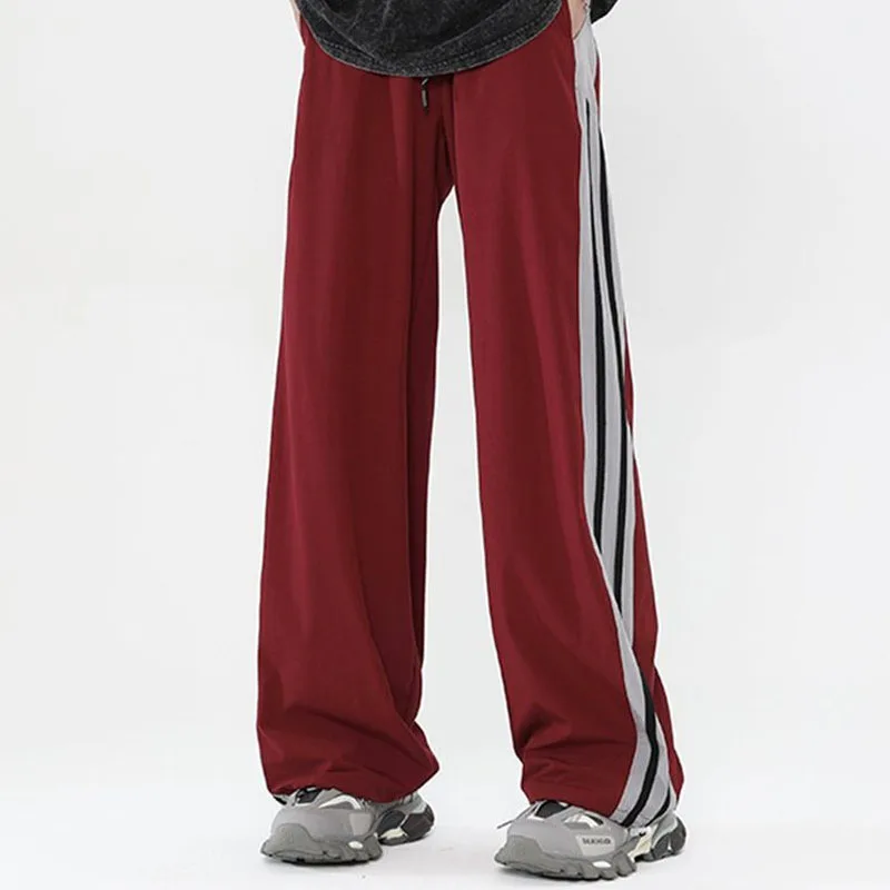 Contrasting Colors Patchwork Striped Men Spring Fashion High Street Wine Red Straight Cylinder Quick Drying Casual Trousers