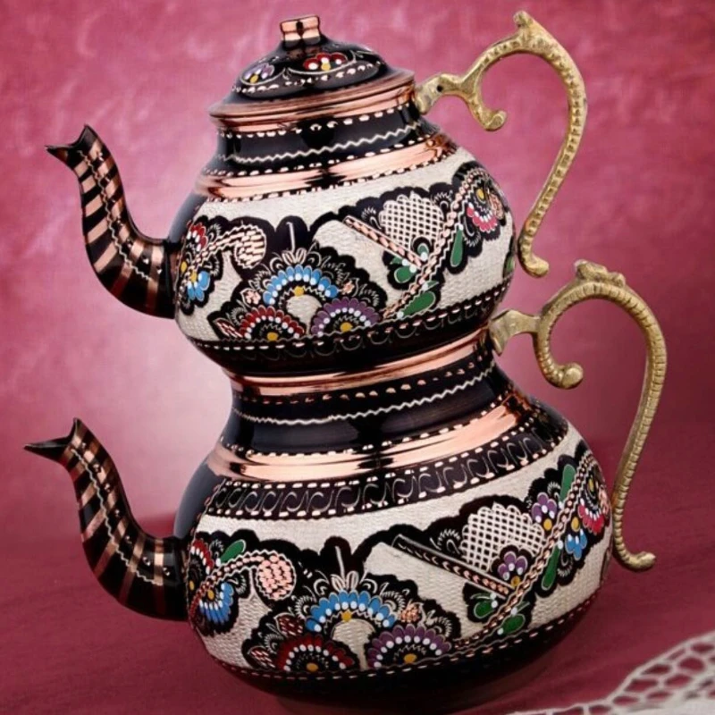 

Turkish Black Teapot Handmade Thick Copper Painted Carved Mother and Child Teapot Home Creative Teapot Ottoman Tea Set