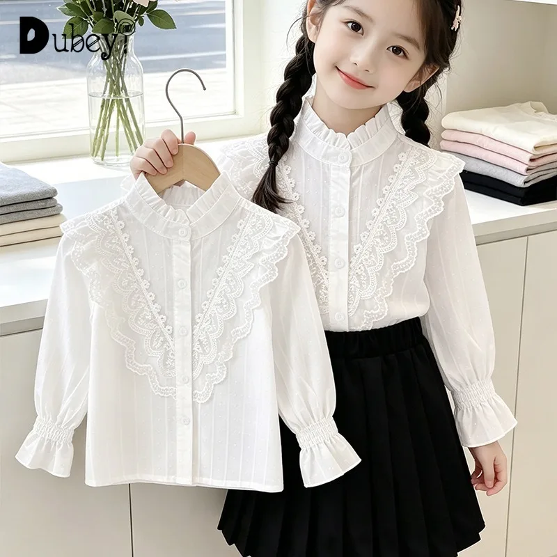 Dubeyi 여자아이 흰색 블라우스 레이스 프릴 긴팔 셔츠 아동 교복 상의 어린..