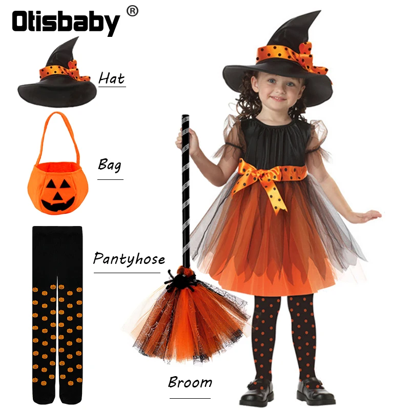 Children Girls Halloween Cosplay Witch Costume Teens Baby Girl Gown Infant Witch Dress Clothing Set Hat Pumpkin Bag Pantyhose| | - AliExpress