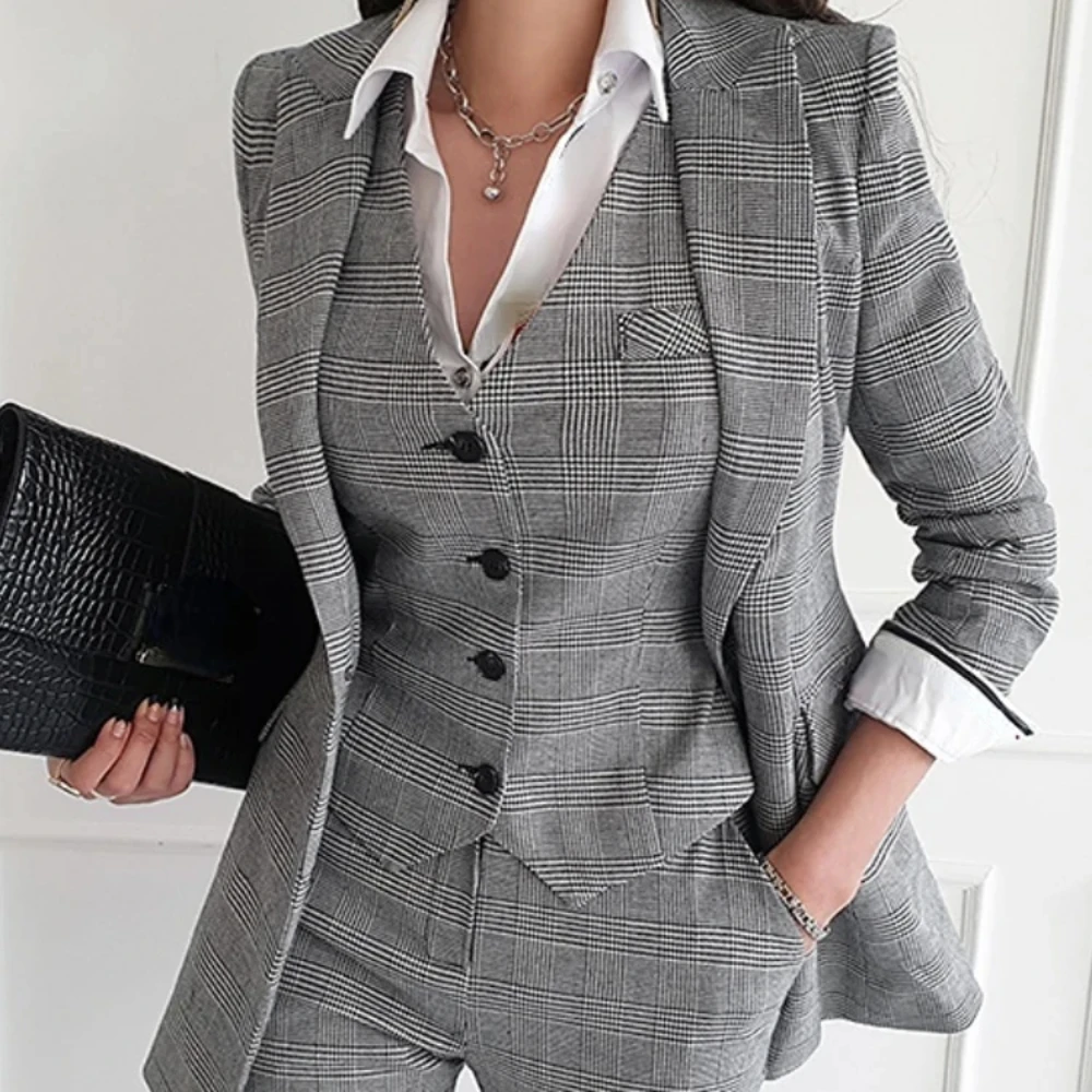Women Elegant Formal Business Blazer 3 Pieces Suit Office Work Plaid Jacket Vest Pantsuit Korean Fashion Vintage