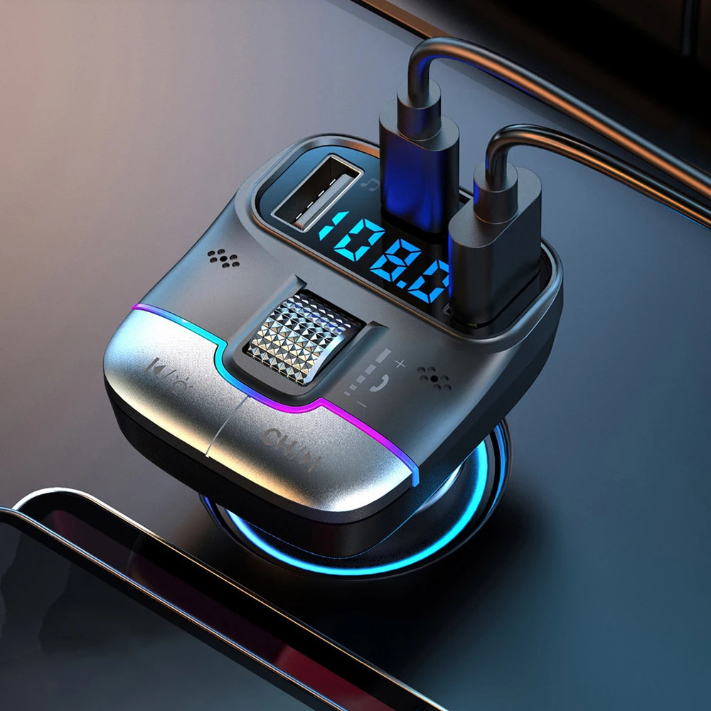 Bluetooth 5.3 Car FM Transmitter Wireless Bluetooth Car Adapter MP3 Player Handsfree Call Dual USB PD Fast Charger Roller Wheel