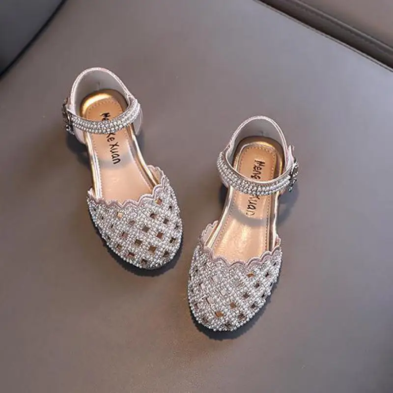 Kids Pearl Flats Sandals Girls Princess Rhinestone Party Leather Hollow Out Beach Shoes Size 21-36 kids shoes children sandals kids sandals beach shoes