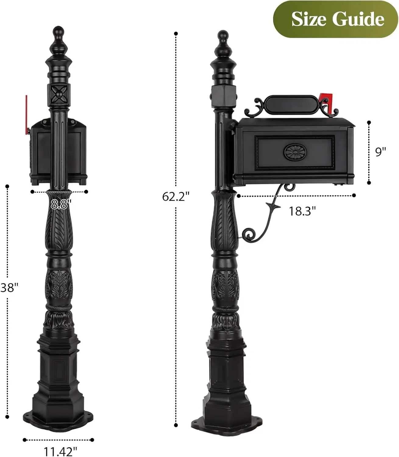 Polar Aurora Barcelona Decorative Post Mailbox Combination Stratford Heavy Duty Postal Mail Box Cast Aluminum(Black)