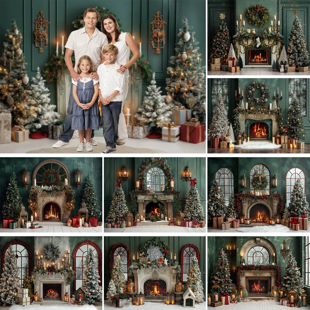 Mocsicka Christmas Fireplace Backdrop for Photography Vintage Green ...