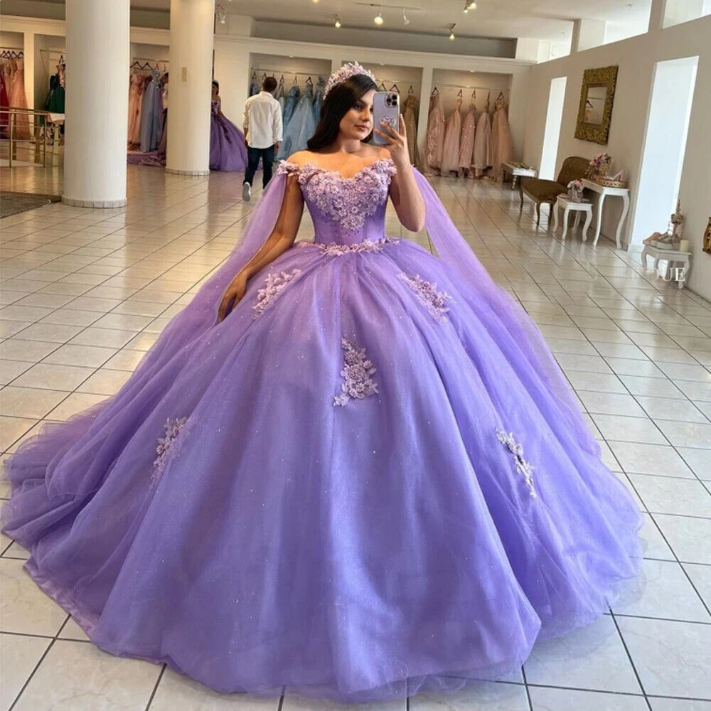 ANGELSBRIDEP Lilac Ball Gowns Quinceanera Dresses Cape Wrap Shiny Formal Birthday Party Princess Dress Vestidos De 15 Anos