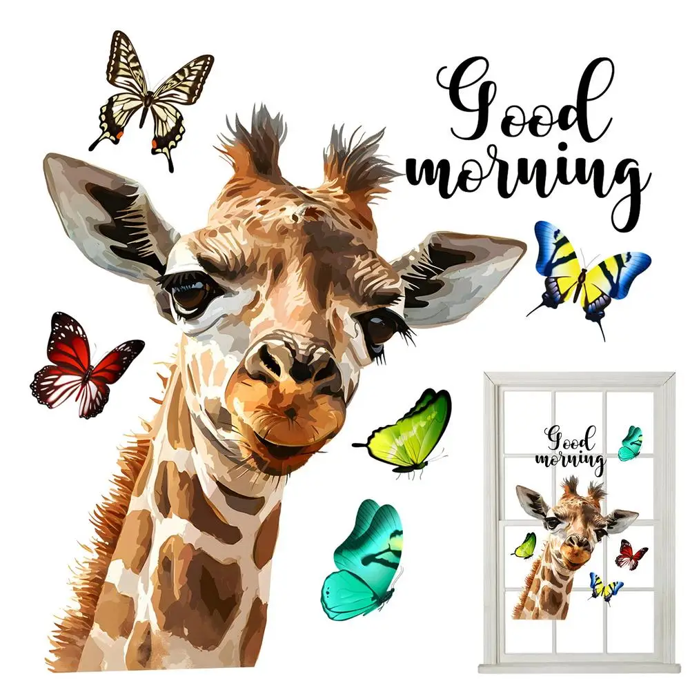 Giraffe Window Wall Decal Good Morning Waterproof Animals Wall Sticker Double Sided Wall Sticker Realistic Animal Car Window