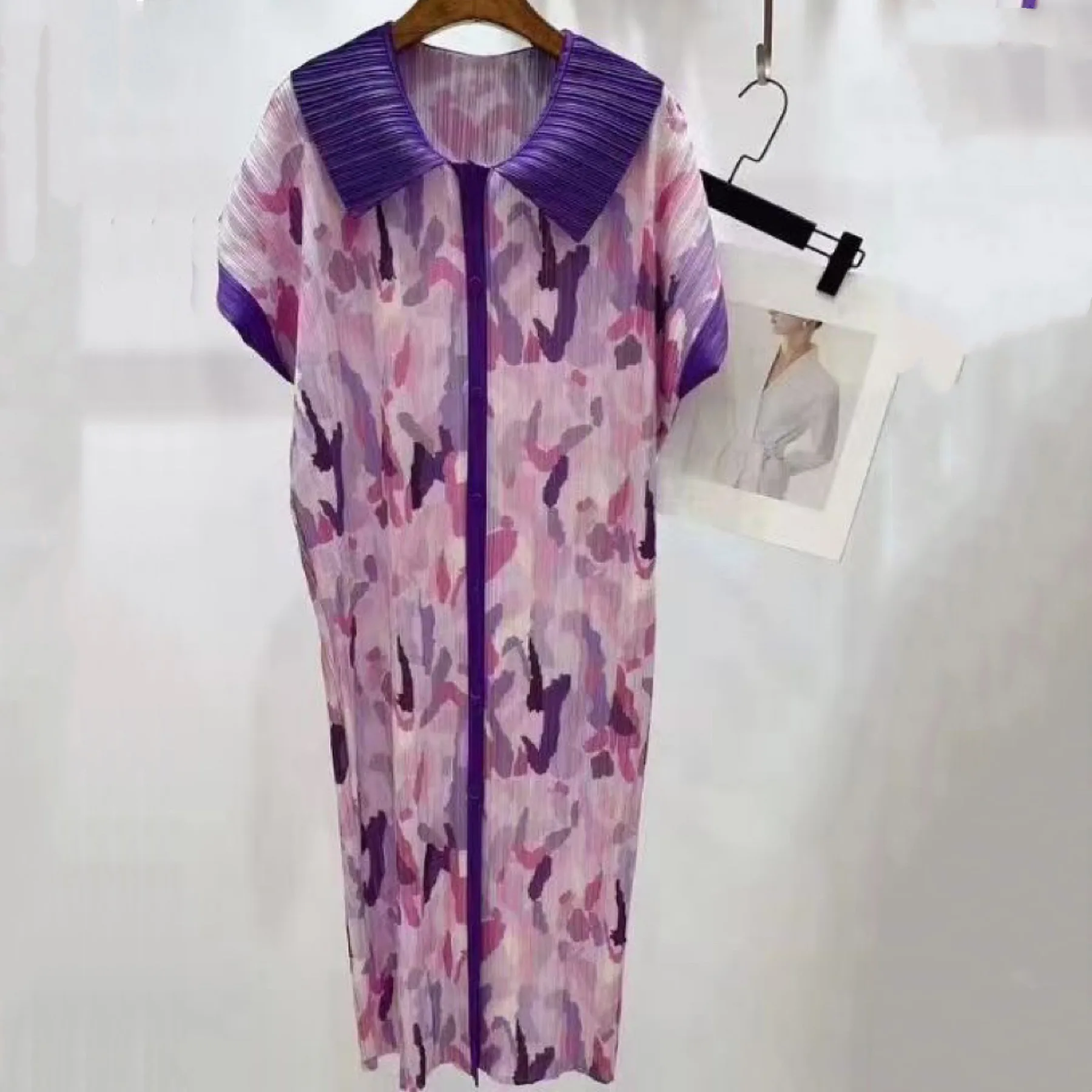 

Женское плиссированное платье миаке, Свободное длинное платье-кардиган с отложным воротником и коротким рукавом, лето 2023