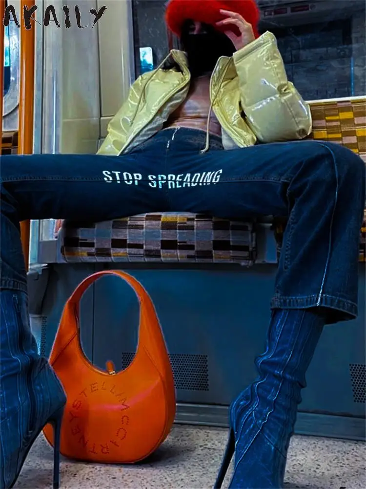 

Akaily Fall Blue Baggy Jeans For Women Fashion 2022 Letter Print High Waist Denim Pants Ladies Straight Casual Long Trousers