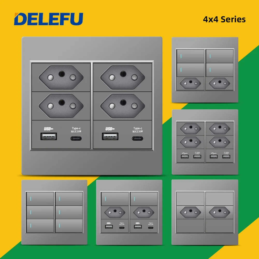 Delefu 4×4 Fireproof Painel pc Brasil Standard Outlet Duplo Usb tipo c Parede Tomada de Luz Interruptor Escritório Cinza 10a 20a Carga Rápida