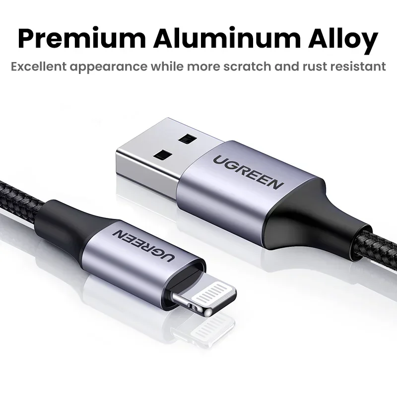 Фото Кабель UGREEN MFi с USB A на Lightning для Apple ipad, iPhone 14, 13, 12, 11, xs, xr, 8, 7, 6, быстрая зарядка, Плетеный, короткий, 0,25 м, 0,5 м, длиной 2 м №4