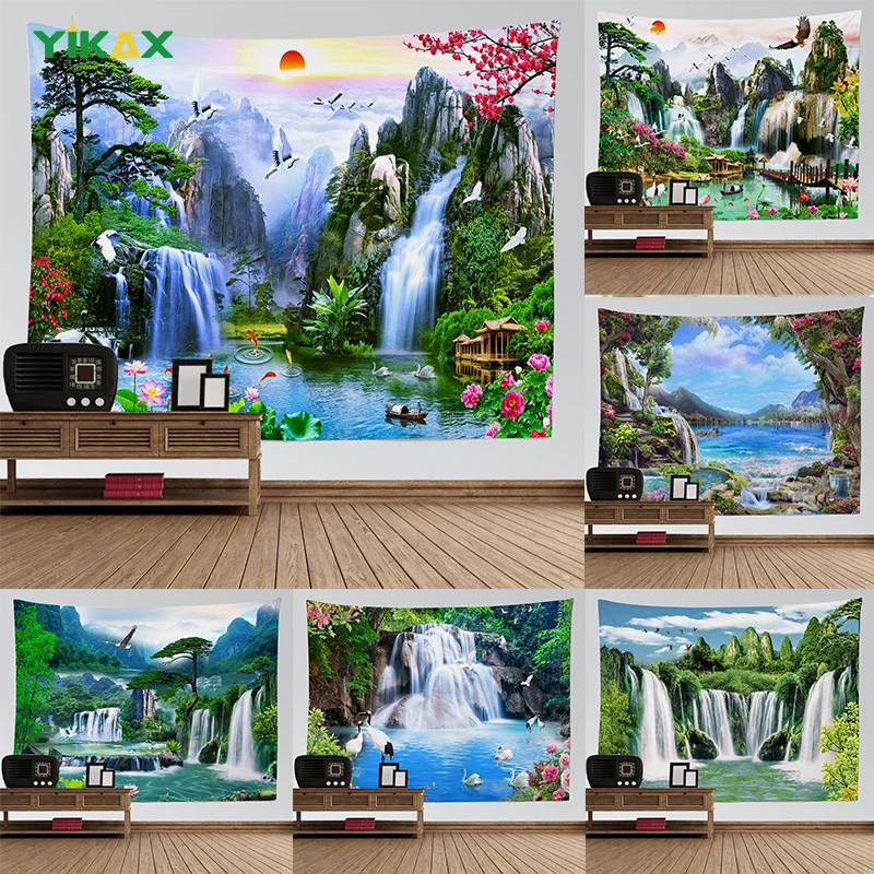 

Nature Landscape Tapestry Wall Hanging Blanket Sunset Flower High Mountain With Waterfall Trendy Art Home Decoration Accessories