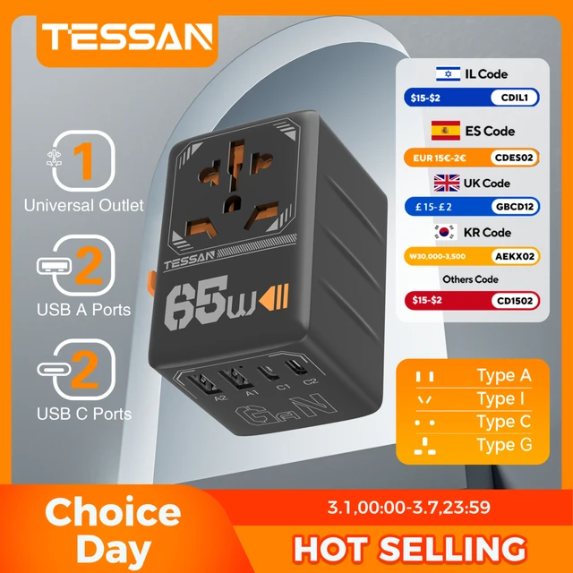 TESSAN 65W GaN International Plug Travel Adapter with USB Type C 140/100/35W Worldwide Universal Power Adapter EU/UK/US/AUS Plug