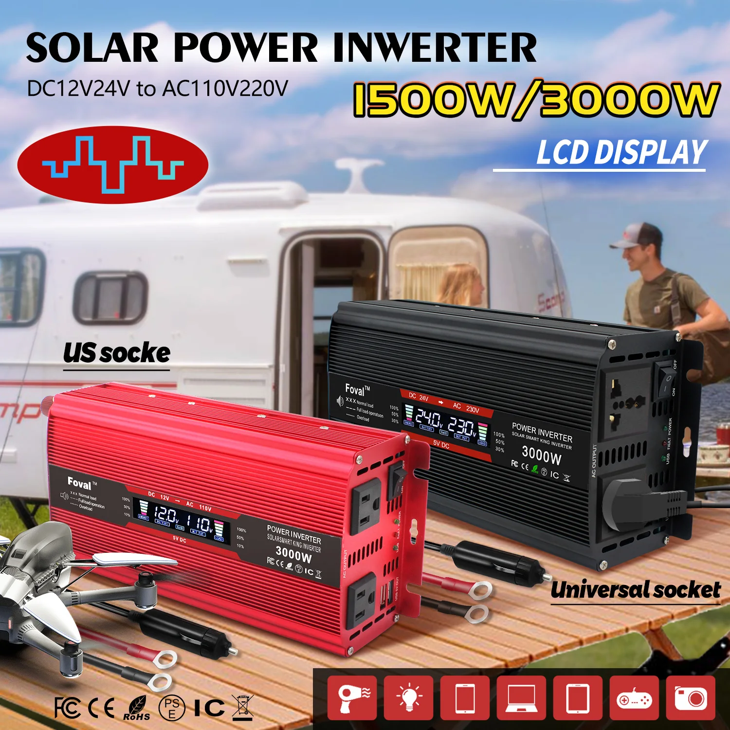 AC220V Car Inverter LED Display 3000W 2600W 1500W Outdoor Camping Converter Power Transfer Adapter