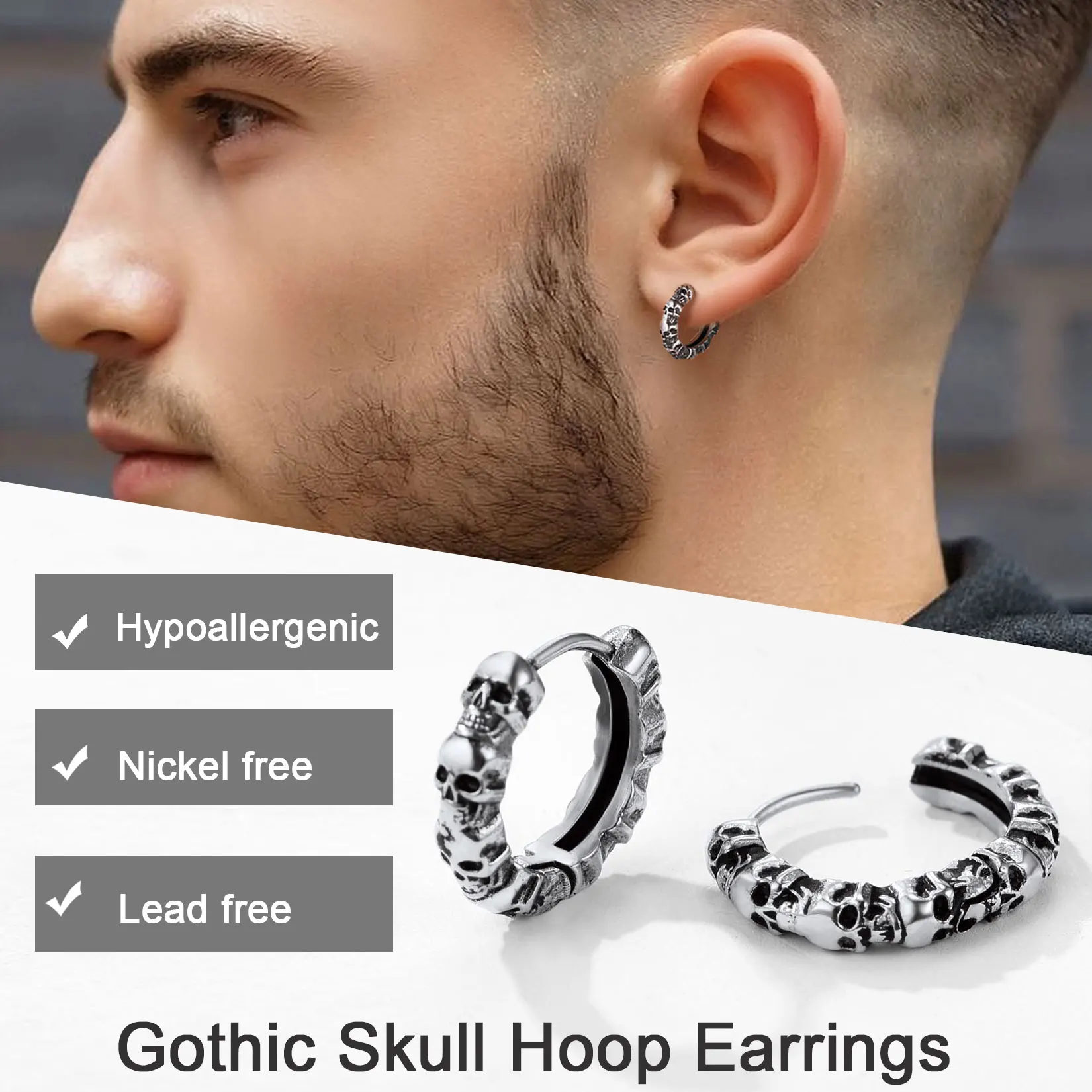 U7 Skull Hoop Earrings Black Metal Color Stainless Steel Gothic Skeleton  Halloween Studs 