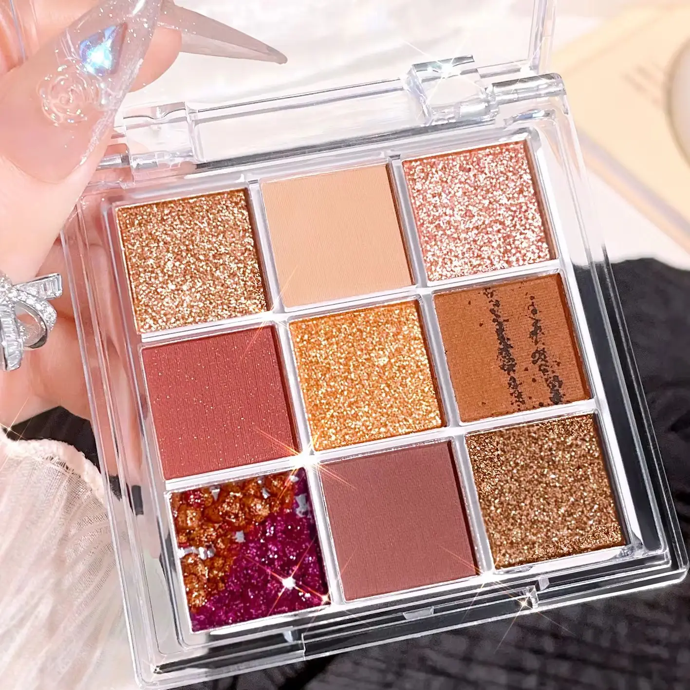Summer 9 color eyeshadow palette: Orange brown, pink and gold, matte shimmer effect, lasting makeup, keep glitter rose Eyeshadow 3