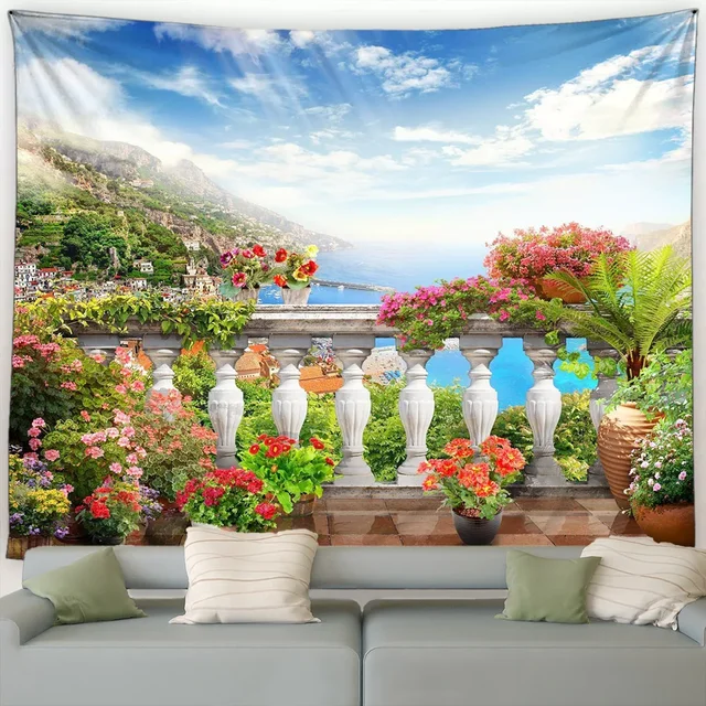 Tapisserie de paysage de bord de mer, fleurs roses, plantes, arbres, Style européen, paysage d'océan, décoration murale suspendue pour la maison et le salon 2