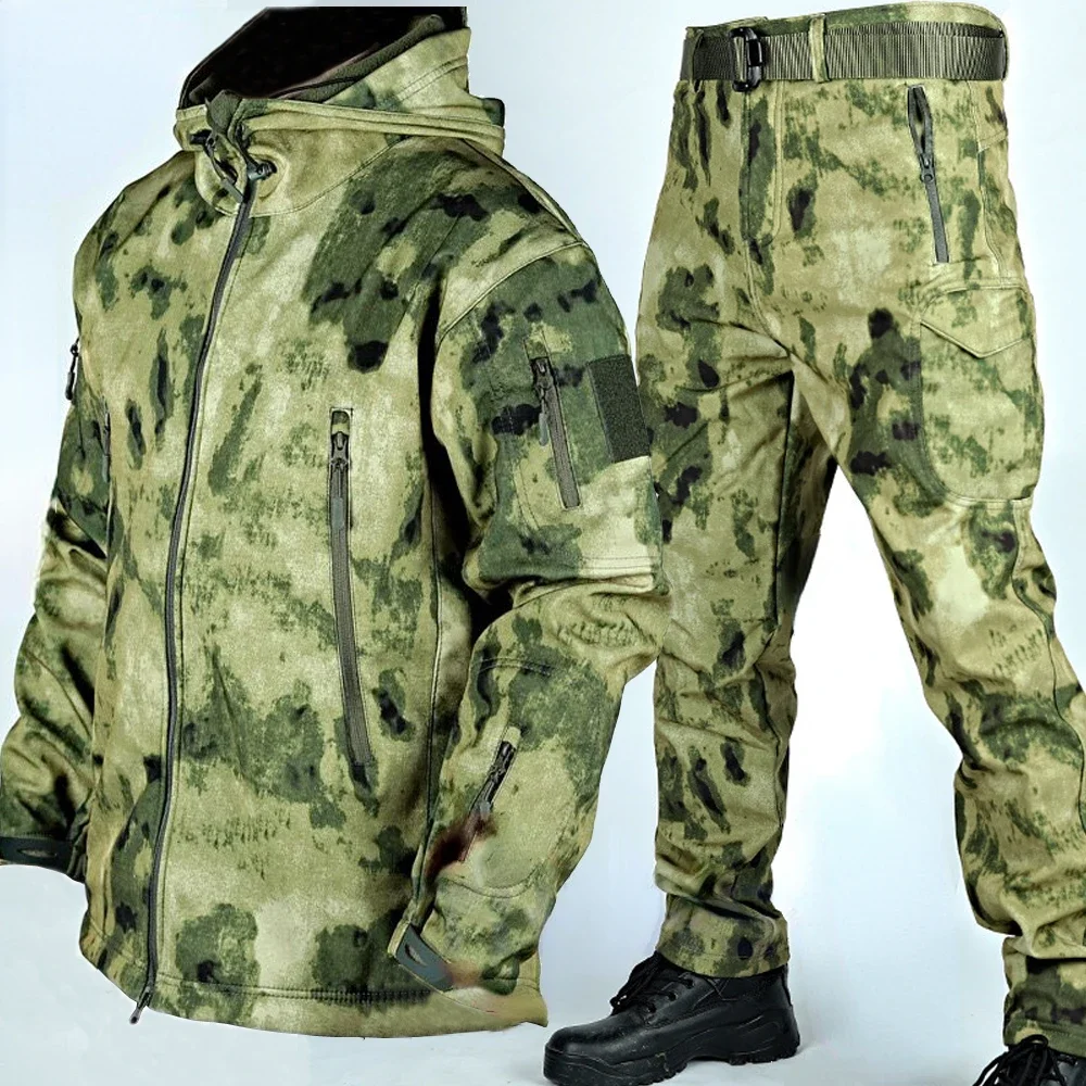 Winter Workout Tactical Suit Men Workwear Pants Sets Outdoor Military Sharkskin Fleece Jacket Camo Waterproof Pockets Combat