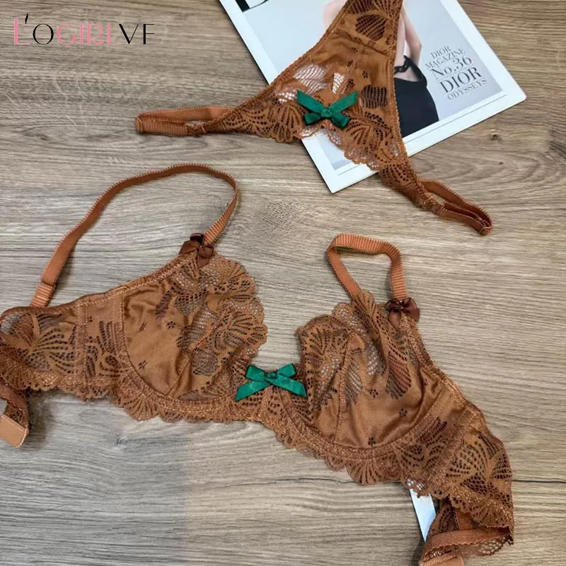 Logirlve French Sexy Women Underwear Set Ultra Thin Lace Embroidery Bra Set Comfort Breathable Brassiere and T-back Lingerie Set 1