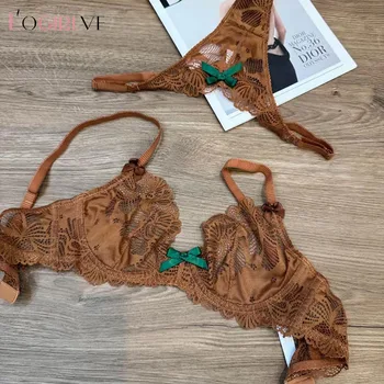 Logirlve French Sexy Women Underwear Set Ultra Thin Lace Embroidery Bra Set Comfort Breathable Brassiere and T-back Lingerie Set 1