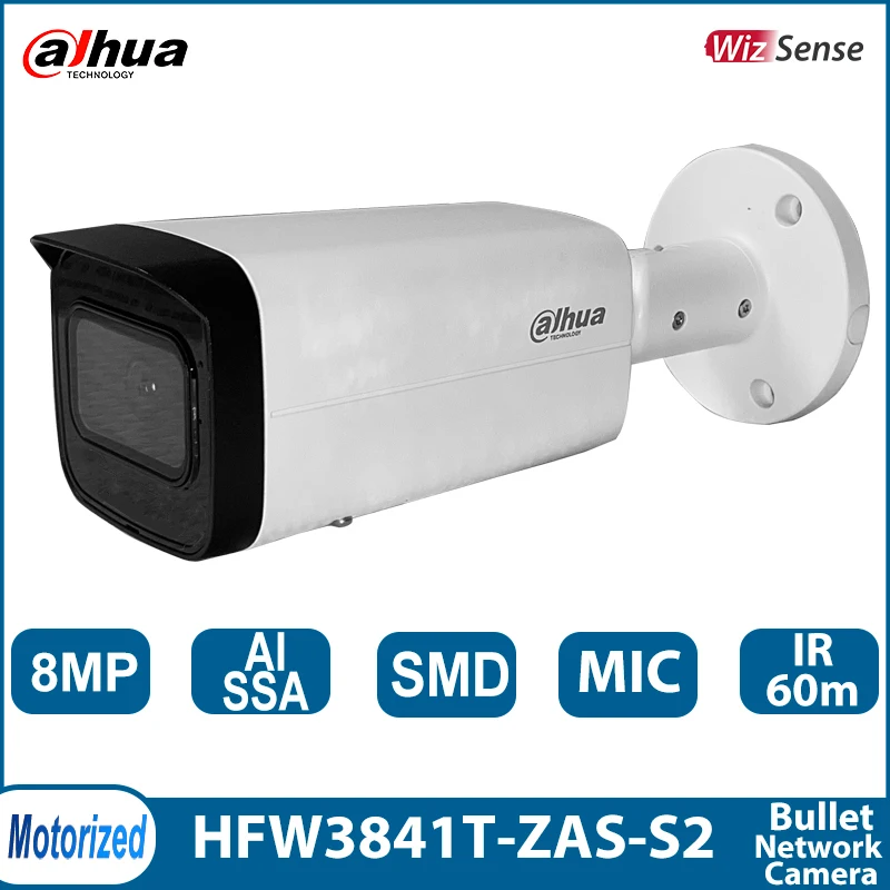 

Dahua IPC-HFW3841T-ZAS-S2 8MP 4K H.265 IR60M Build in Mic Mobile Detection IP67 AISSA Bullet WizSense Smart Home Network Camera