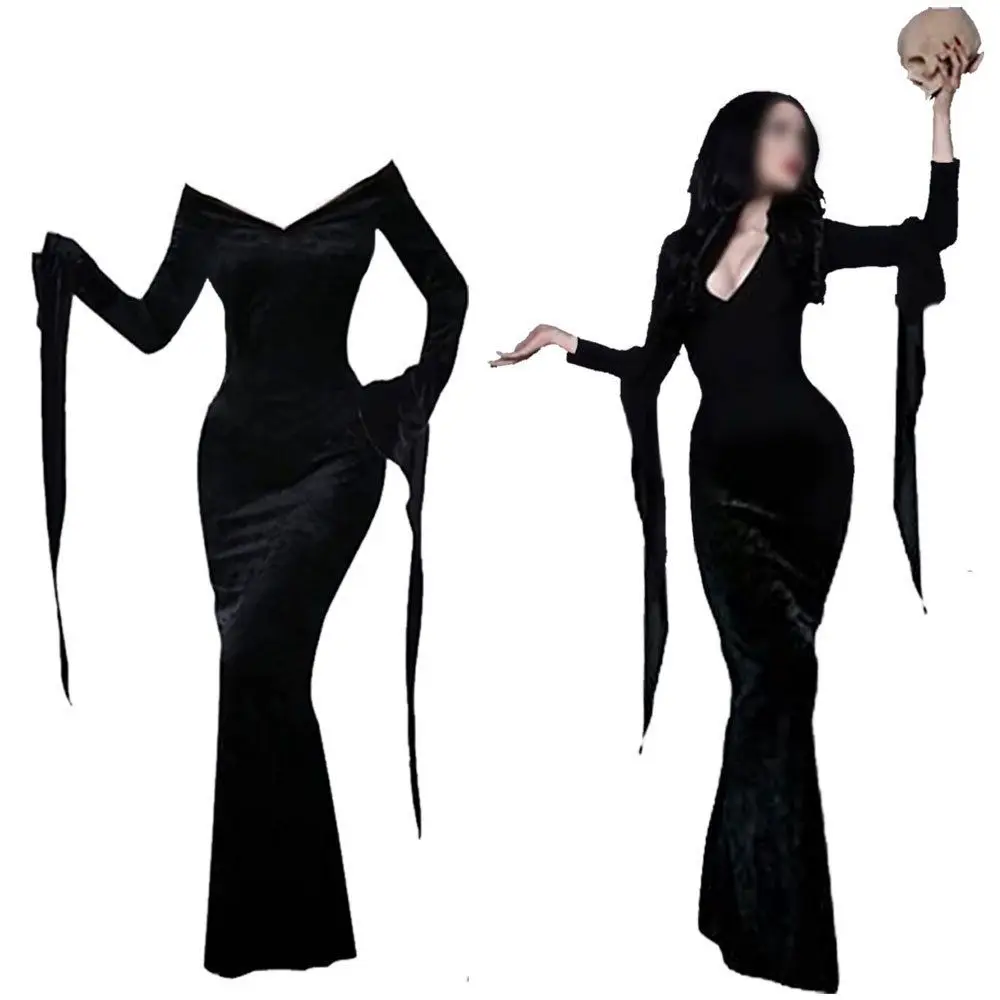 Movie Morticia Costume Cosplay Day Addams Family Cosplay Uniform Dress Parrucche Nere Per Le Donne Halloween Carnival Anime Role