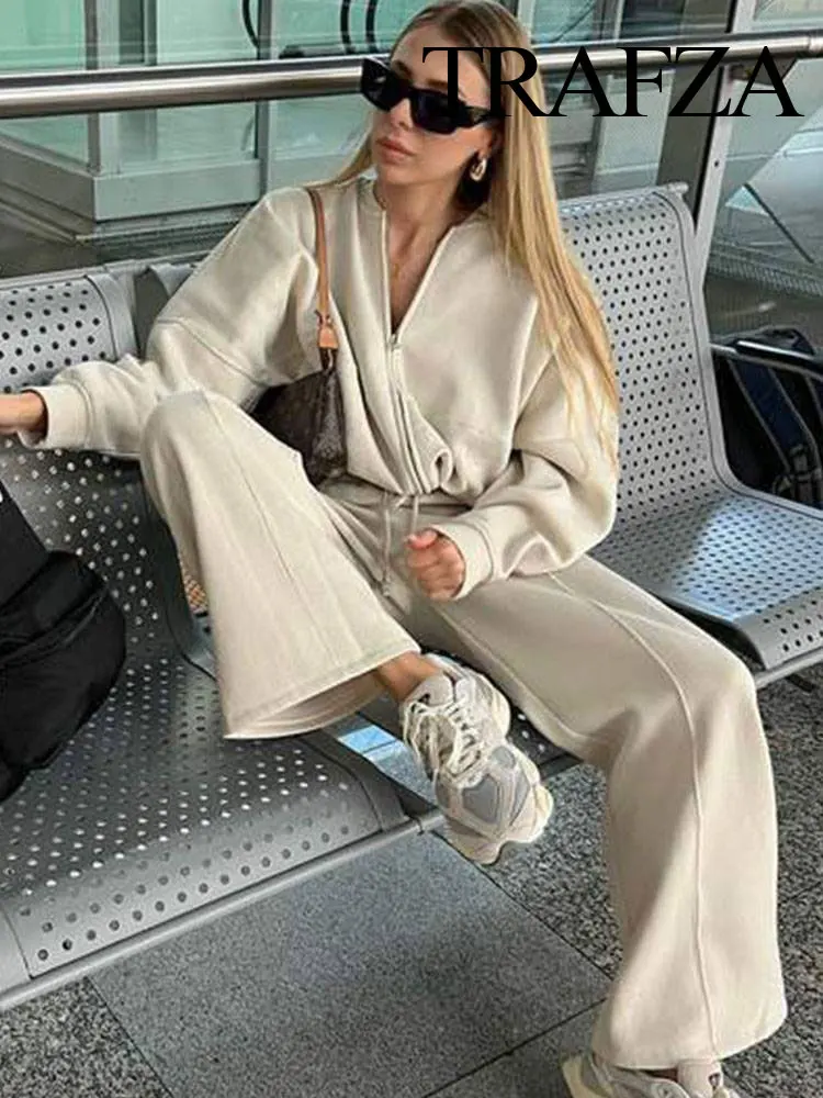 TRAFZA Women's Fall 2-Piece Retro Solid Color Zip Bomber Jacket Sweatshirt+High Waist Lace Up Women's Wide Leg Pants Street Wear 2