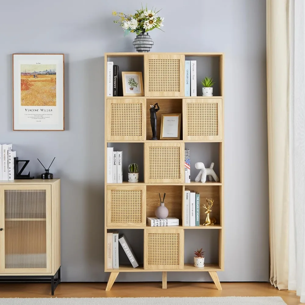 

Natural Rattan Bookshelf, Wooden 5-Shelf Bookcase, Storage Organizer Bookshelf with Rattan Sliding Doors and Wood