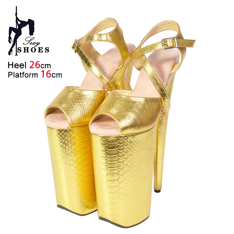 26CM/10Inch Extreme high heels Women Platform Peep Toe Sandals 2025 New Summer Cross Buckle Strap Snake Pattern Pole Dance Shoes