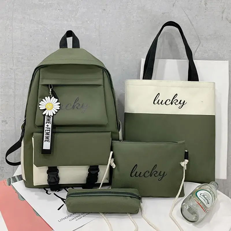 4 PCS New Student Backpack Small Fresh Letters Contrast Color Junior High School Backpack Casual Travel Backpacks