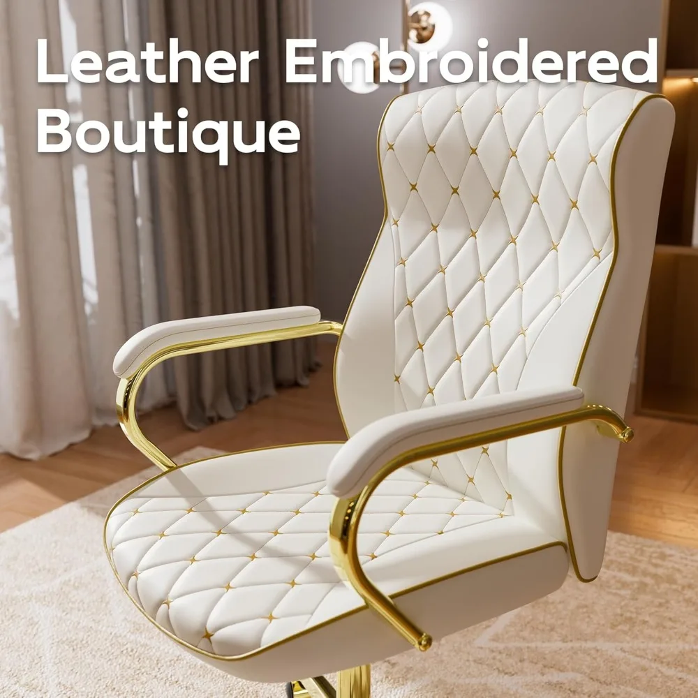 White and Gold Office Chair with Soft Leather Embroidery, Mid Back Vintage Swivel Executive Desk Chair with Wheels and Padded 6