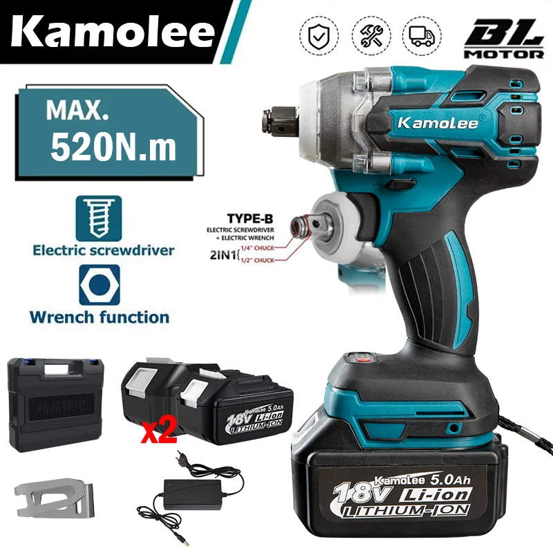 Kamolee 520N.M Chiave A Percussione Elettrica Senza Spazzole Ad Alta Coppia 1/2 E 1/4 Pollici Compatibile Con Batteria Makita 18V [Dtw285-B]