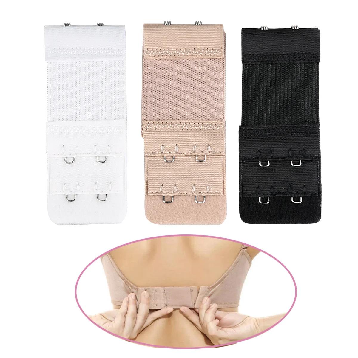 3Pcs Women Bra Extenders 2 Hook 2 Row Elastic Cotton Stainless Steel Strap Extenders for Bra Size Adjustment Black White Nude