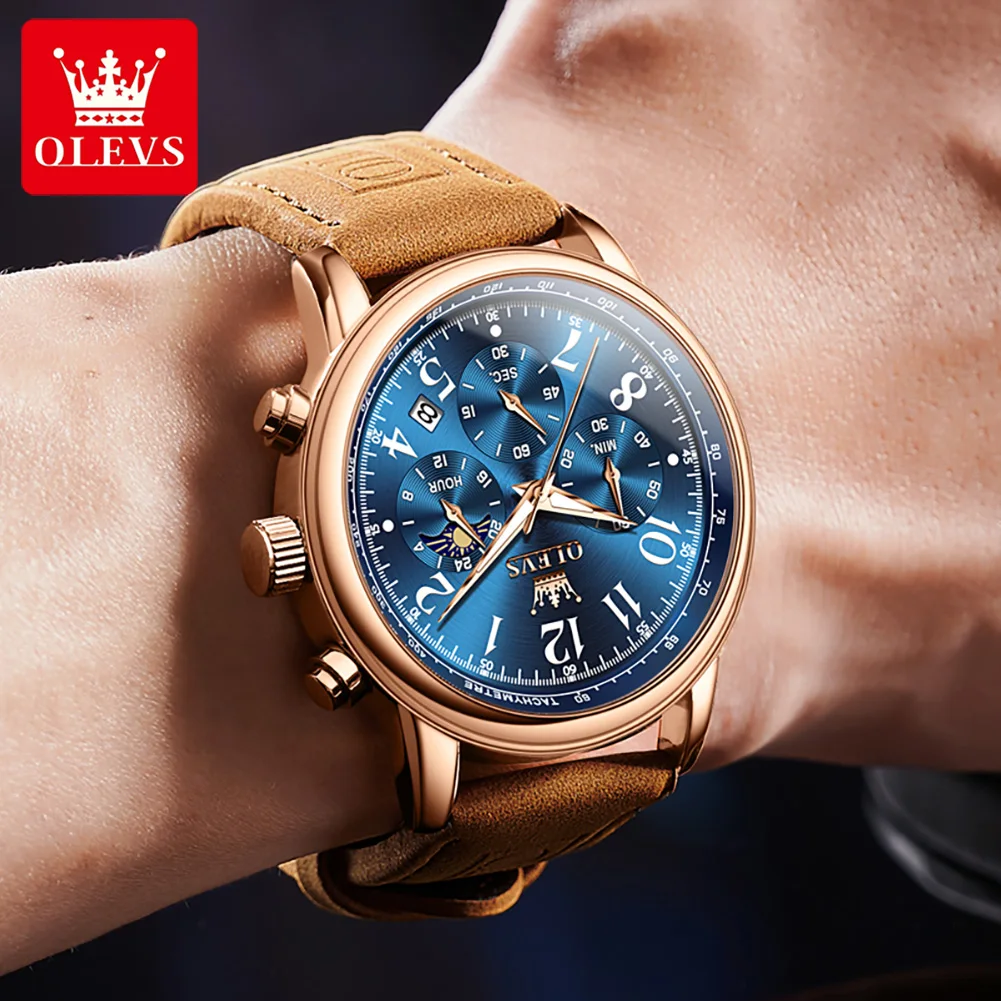 OLEVS Luxury Quartz Watch for Men Brown Leather Strap Men's Watches Luminous Waterproof Moon Phase Chronograph Wristwatch Reloj