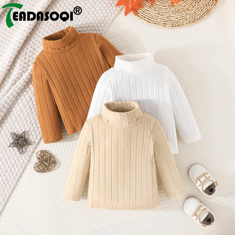 6M-3Y Spring Autumn Kids Baby Boys Long Sleeve High Neck Knit Pit Strip Casual Shirt Tops 3Pcs Set
