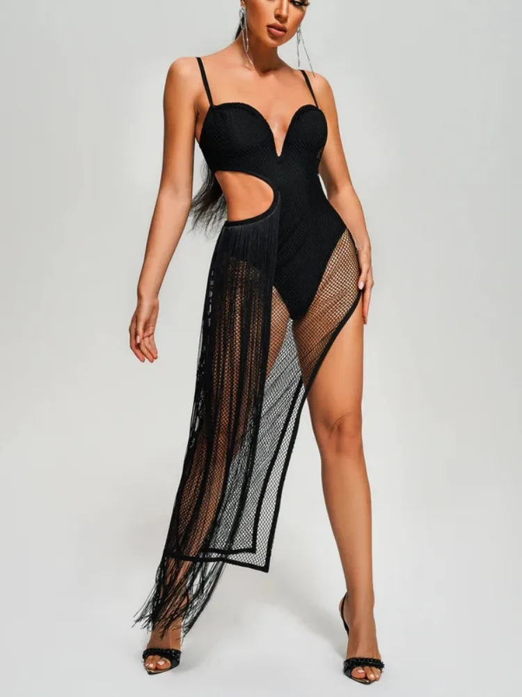 2023 Women Summer Style Sexy Sleeveless V Neck Hollow Out Mesh Black Midi Bandage Jumpsuit Designer High Street Rompers