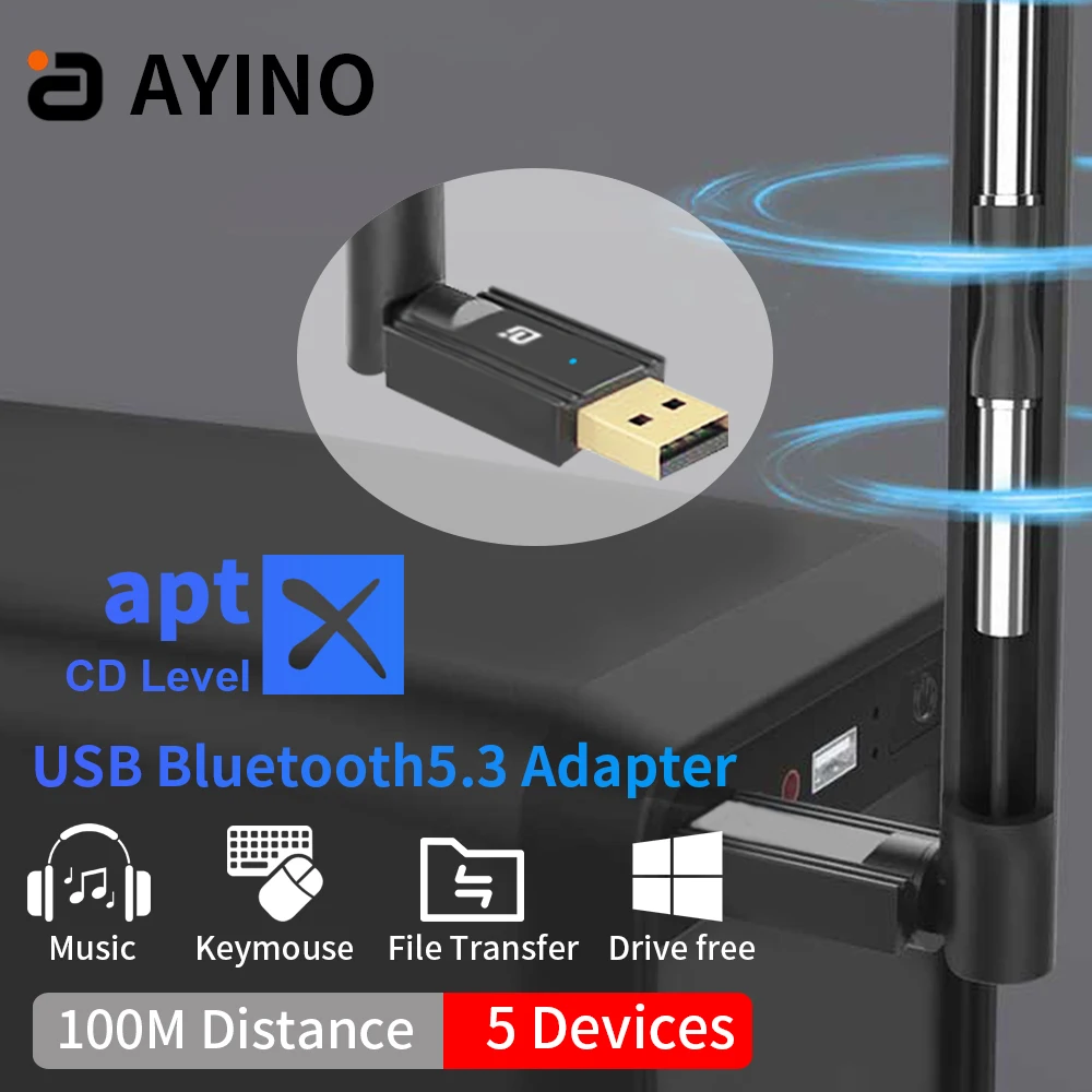 Ayino 100m Usb Bluetooth 5.3 Dongle Adaptador Aptx para pc sem Fio Falante Impressora Mouse Teclado Receptor de Áudio Transmissor