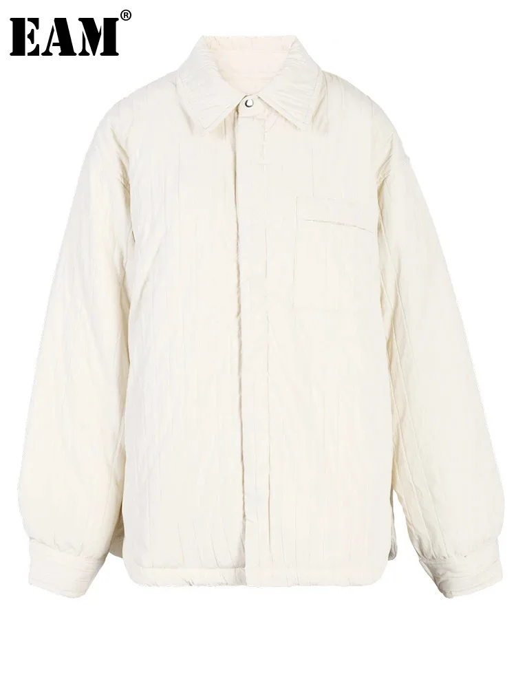 

[EAM] Beige Textured Big Size Cotton-padded Coat Long Sleeve Loose Fit Women Parkas Fashion Tide New Autumn Winter 2024 CPG0892