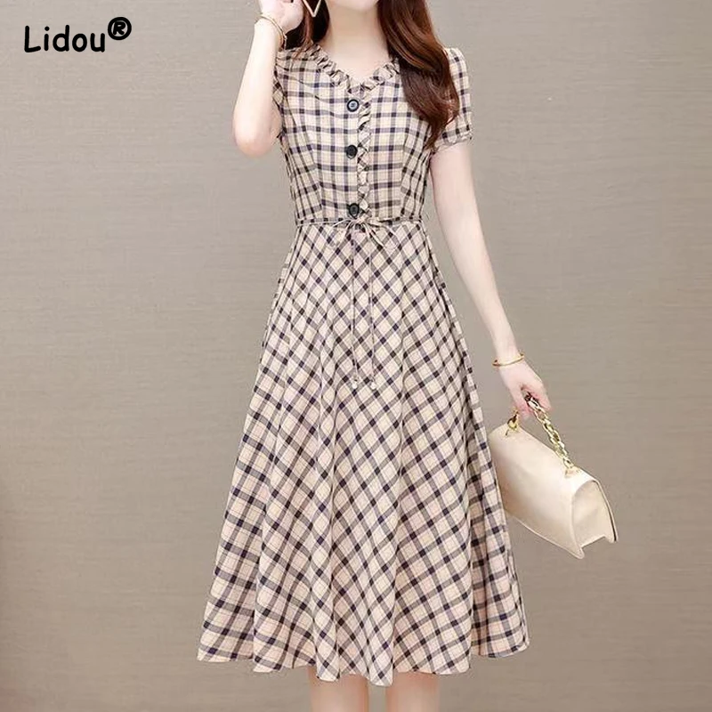 

Female Plaid Print V-neck Button Short Sleeve Fashion A-line Skirt Summer Empire Slim Comfortable Dress Women's Clothing 2022
