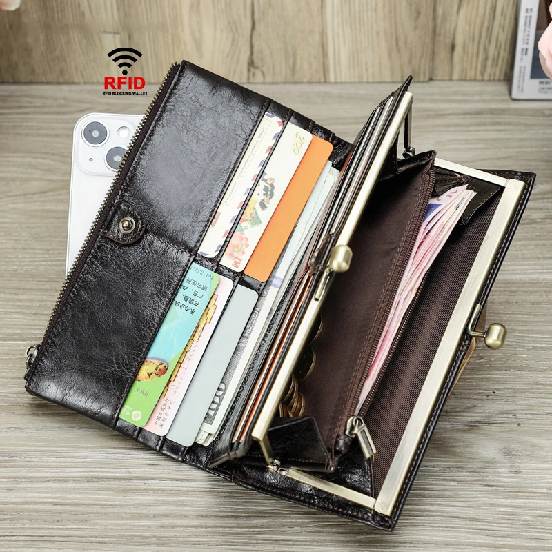 

Long Women Genuine Leather Female Clutch Wallets Zipper Phone Pocket Purse Money Bag with AirTag Slot