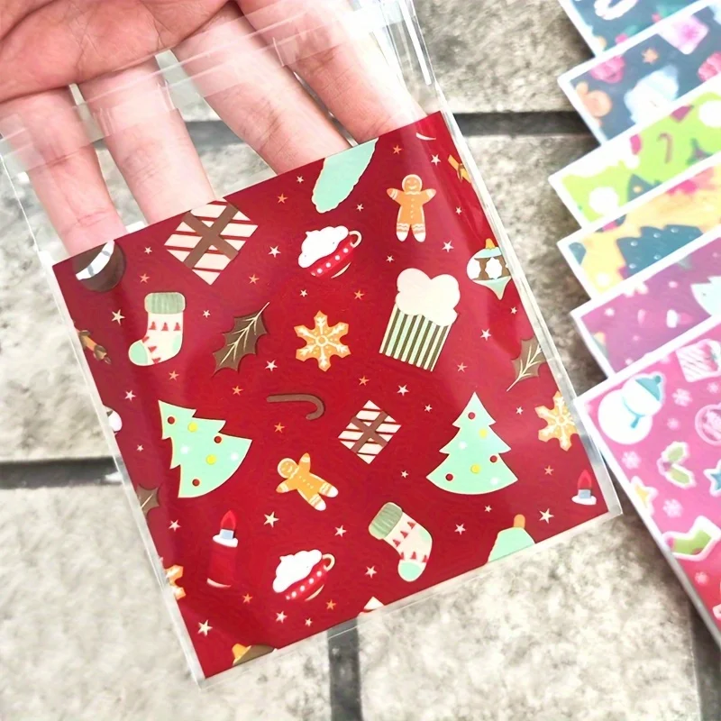 100 Stück Weihnachtsgeschenktüten mit selbstklebenden, festlichen Weihnachtsmann, Baum, Lebkuchenmann für Feiertagsdekorationen, Partygeschenke – Detail 6