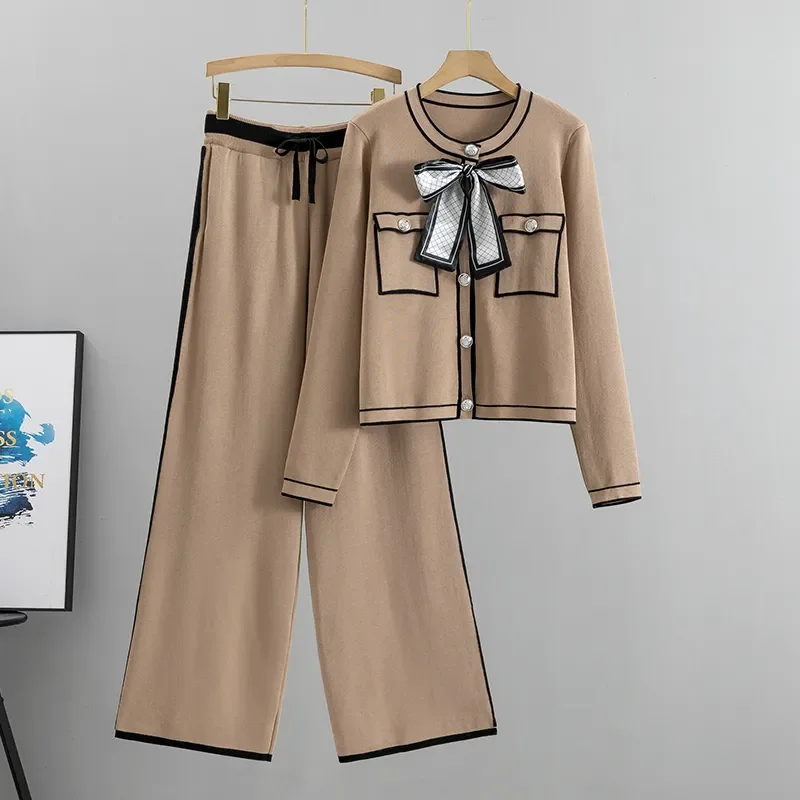 

2023 Autumn Women Elegant Pleated Two Piece Set Long Sleeve Bowknot Tops High Waist Wide Leg Pants Suit Female Casual Outfits