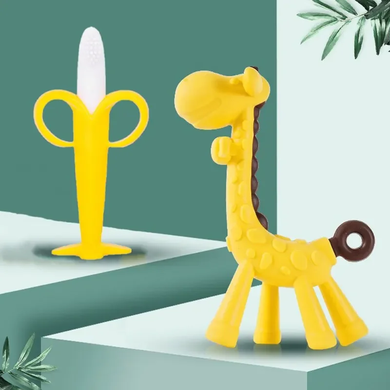 Baby Silicone Teething Training Toothbrush BPA Free Banana Shape Safe Toddle Teether Chew Toys