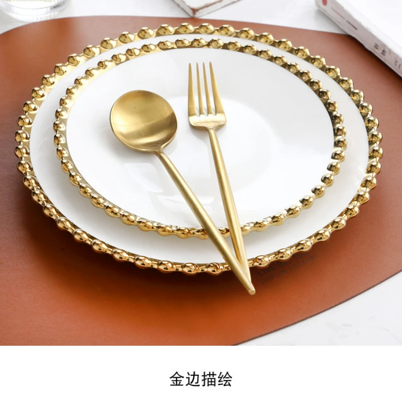 Nordic Ceramic Plates and Bowls Set Gold Round Dot Edge Steak Plate Salad Tableware Dessert Bowl Home Dinner Dishes