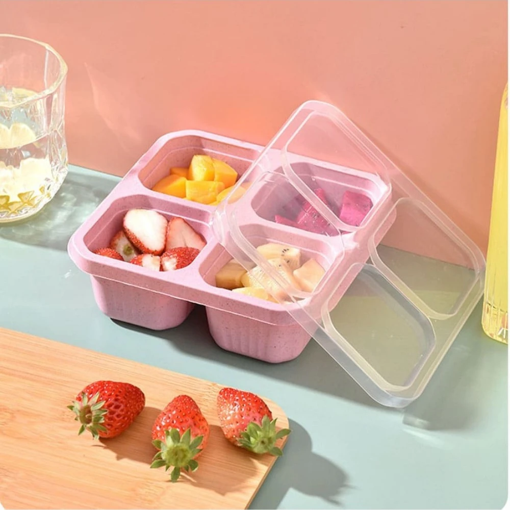 Square Divider Bento Box Reusable 4-compartment Food Container Snack Nuts  with Lid Platter Wheat Straw Lunch Box KitchenSupplies - AliExpress