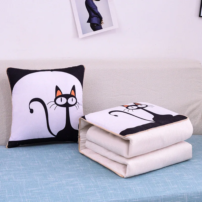 2 In 1 Pillow Travel Quilt Blanket Cartoon Thick Throw Pillow Portable Foldable Air Conditioner Cushion Blanket Car Sofa Office 