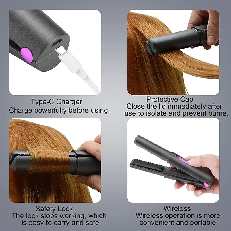 2-IN-1 Cordless Electric Heating Hair Straightener Rechargeable Travel Double Use Straight Hair Straightener And Curling Iron