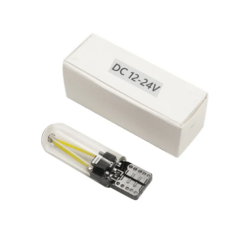 LED 유리 COB 필라멘트 자동차 클리어런스 라이트, 방향 지시등, 웨지 사이드 돔 독서 전구, T10 W5W, 12V, 24V, 2 개