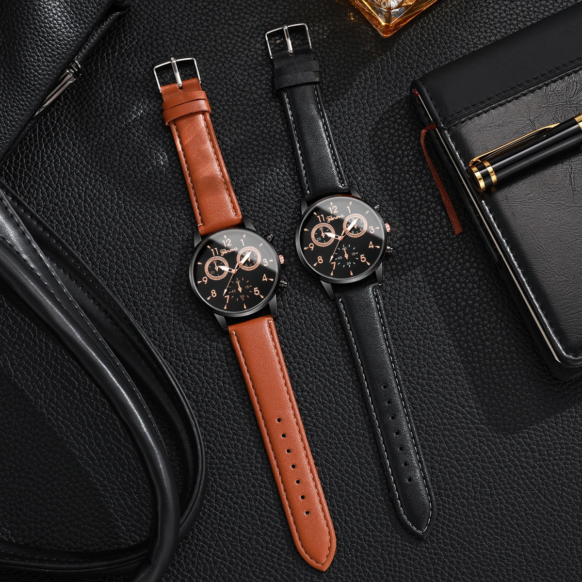 2PCs/Set Men's Watch Set Classic Versatile Fashion Casual Style Quartz Leather Watch Sport Style Business Watch Box not included 5