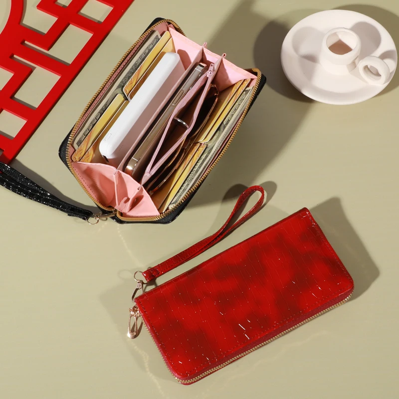 Klassische Brieftasche, große Clutch-Geldbörse mit Reiß verschluss, Karten halter mit 8 Schlitzen und mehreren Fächern, elegante Hand kupplung – Detail 12